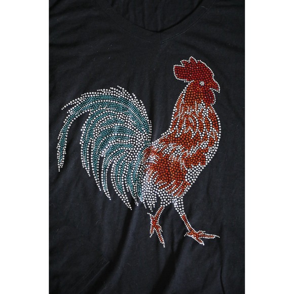 Becky's Boutique Womens XL Black Rhinestone Rooster V-Neck Long Sleeve Shirt - Picture 2 of 8